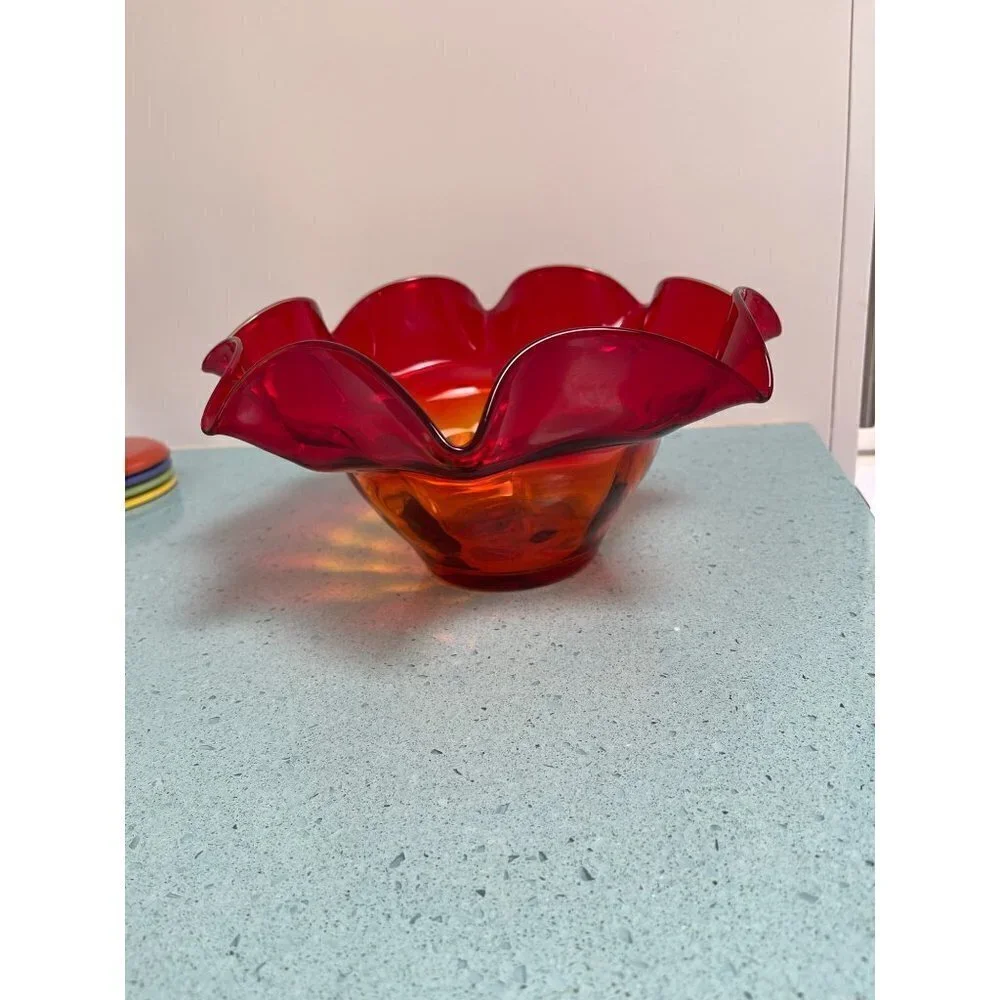 Blenko Vintage Amberina Ruffle Bowl Red Size Large Mid Century Modern MCM Orange